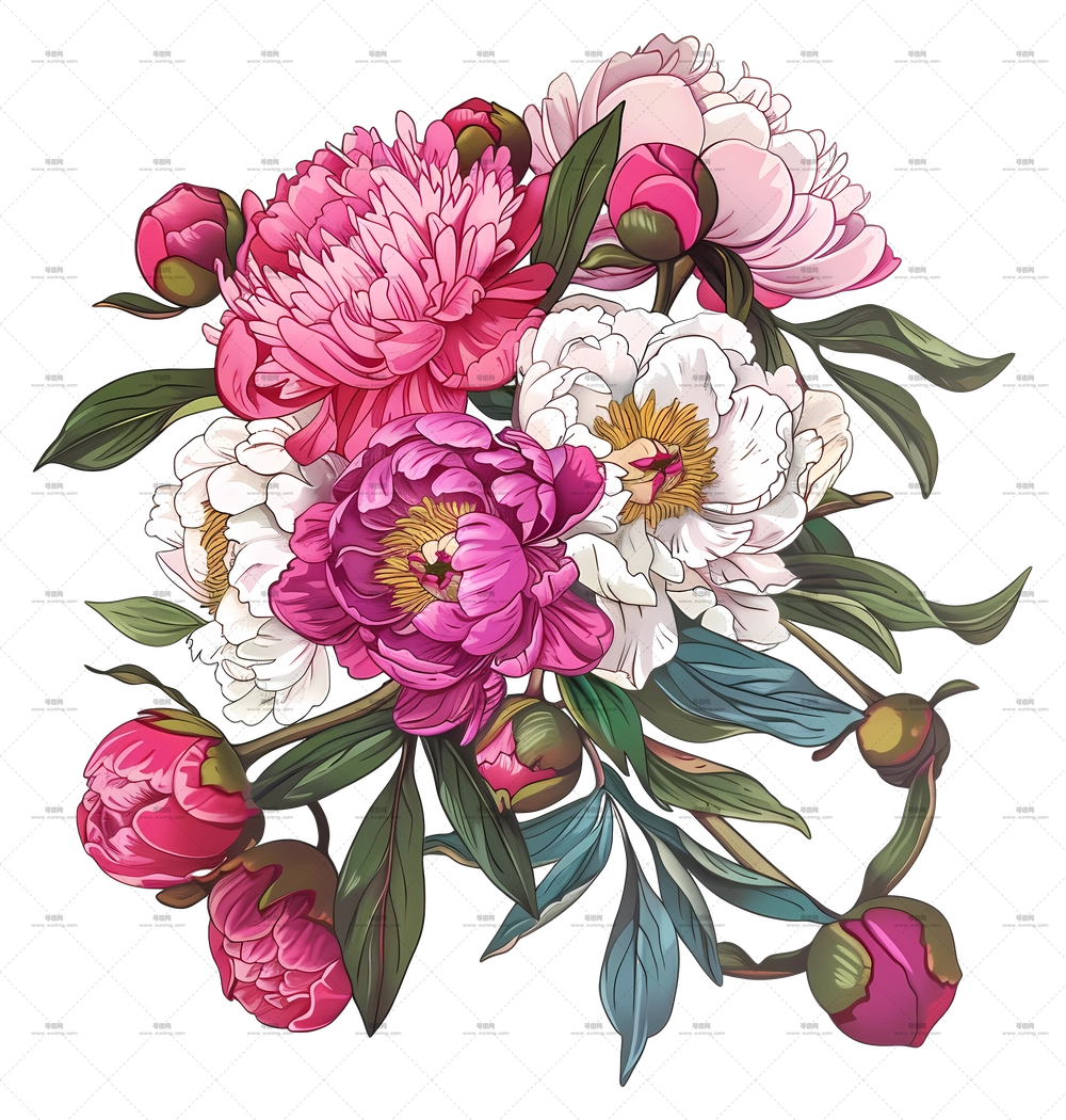 牡丹花束 – 粉白牡丹花卉插画PNG免抠图预览图