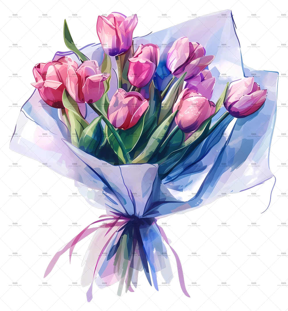 郁金香花束 – 蓝色包装纸包裹的粉色郁金香花束PNG免抠图预览图