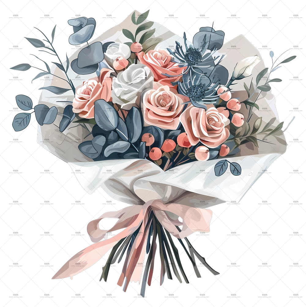 婚礼花束 – 美丽带玫瑰和叶子的花卉花束PNG免抠图预览图