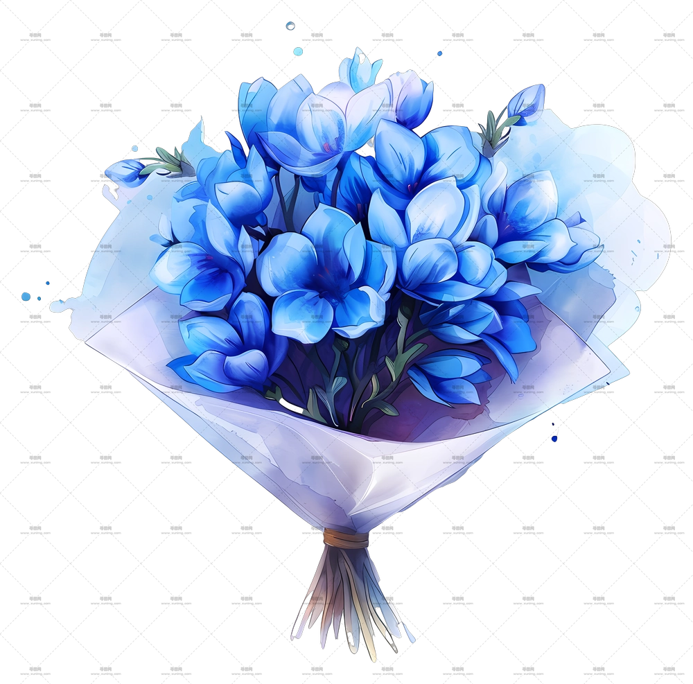 蓝色花束 – 水彩蓝色花朵花束PNG免抠图预览图