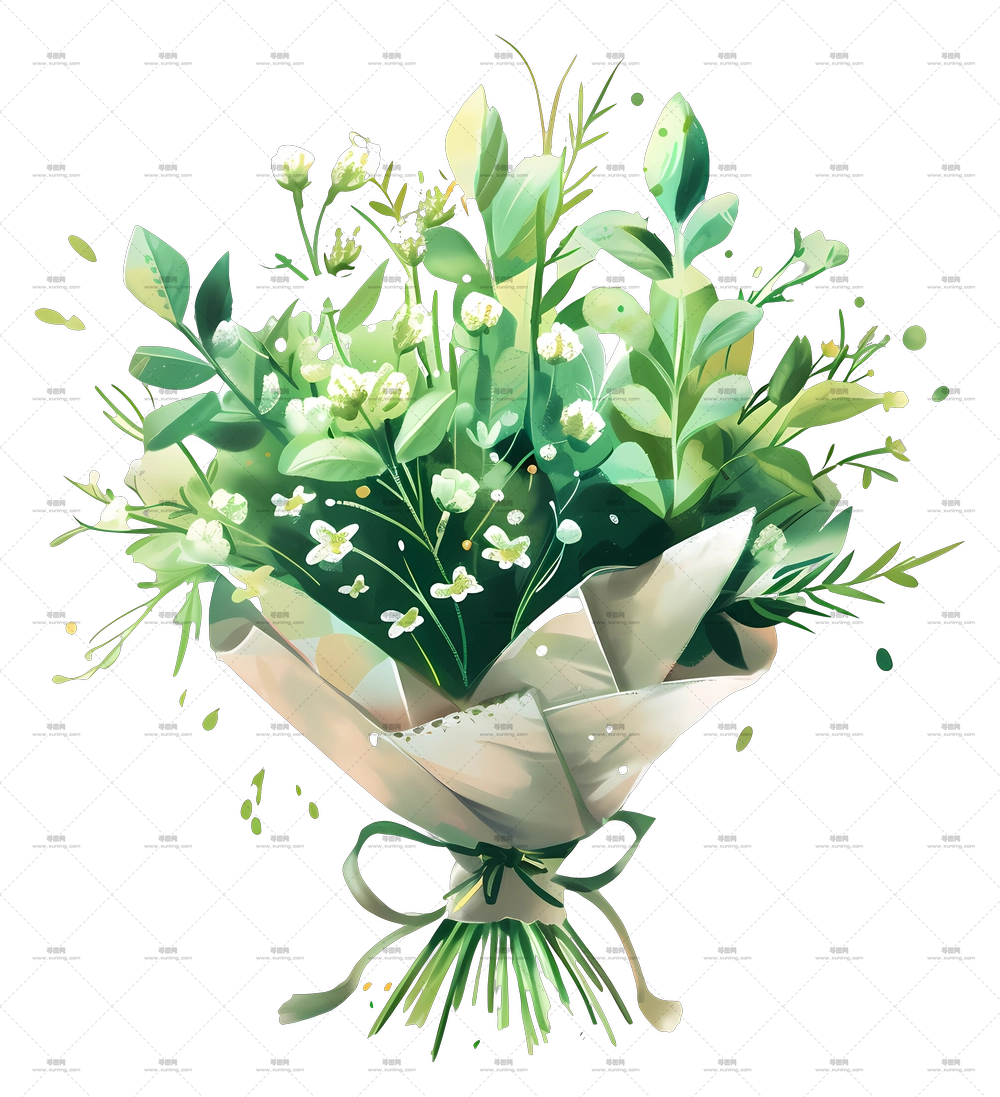 绿色花束 – 美丽的绿色花束配白色花朵PNG免抠图预览图