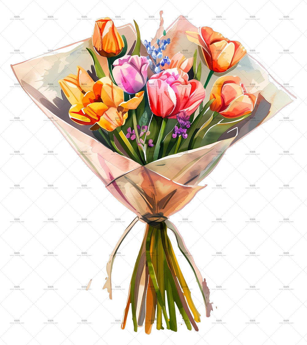 生日花束 – 水彩风格的多彩郁金香花束PNG免抠图预览图