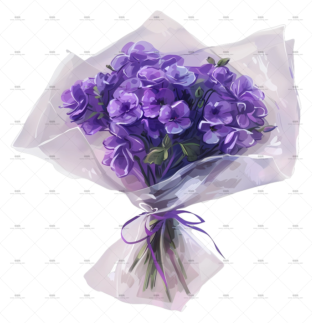 紫罗兰花束 – 带丝带紫色花朵花束PNG免抠图预览图