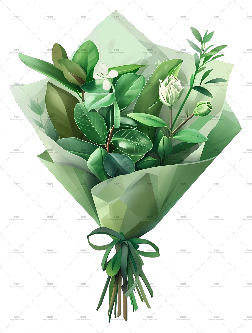 绿色花束 – 带绿叶和花朵的绿色花束PNG免抠图预览图