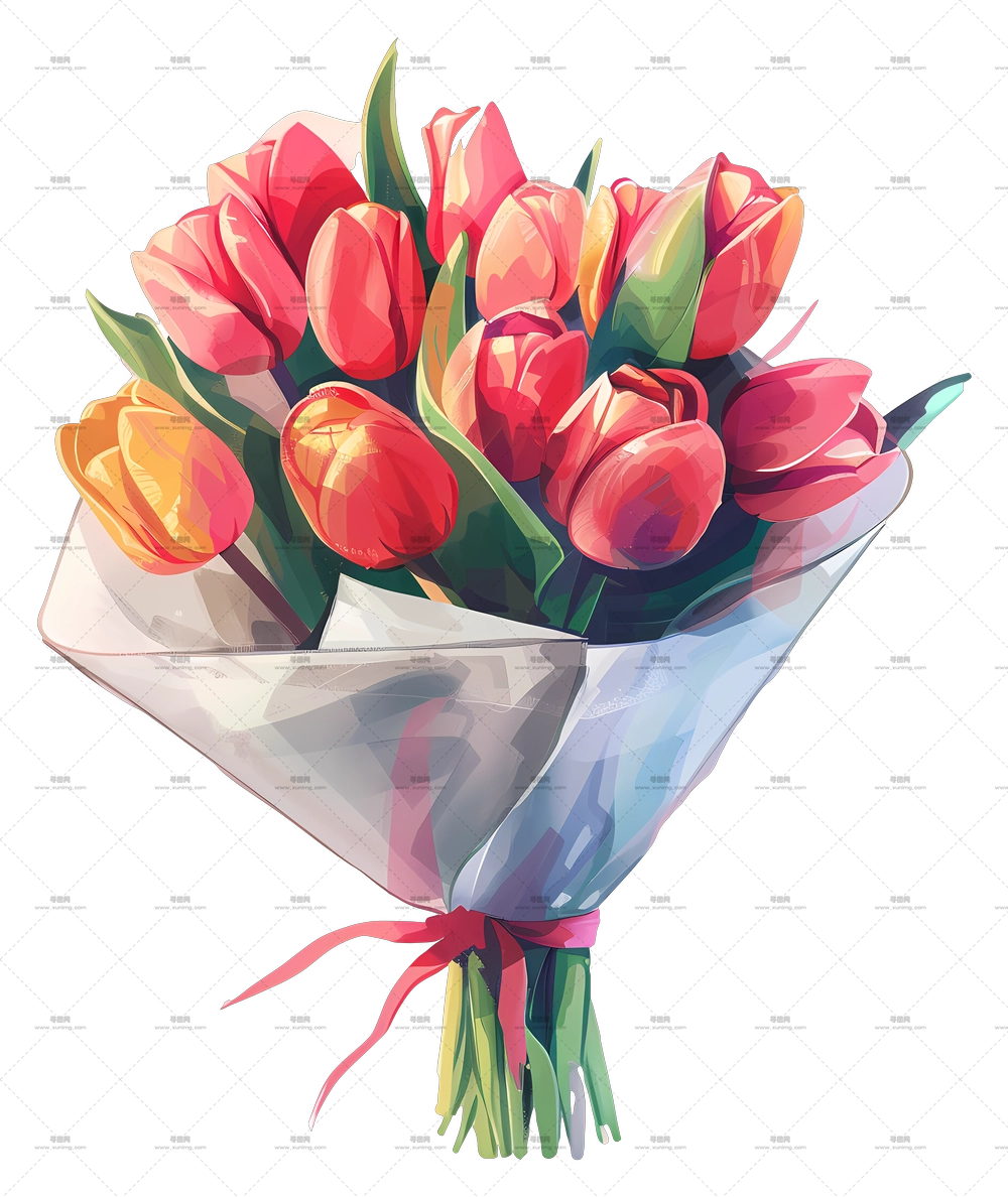 郁金香花束 – 用白纸包裹的美丽郁金香花束PNG免抠图预览图