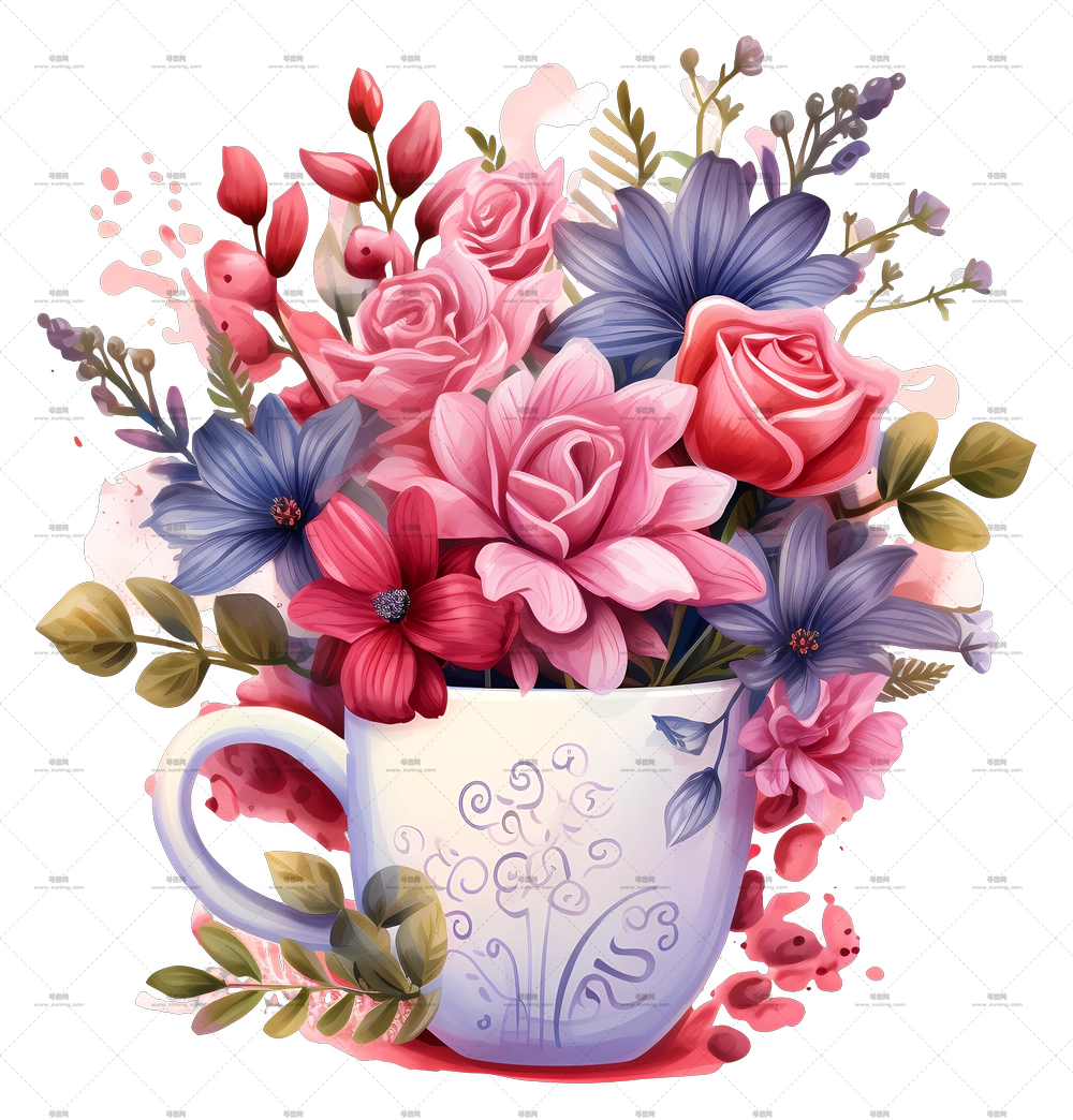 杯中花束水彩插画PNG免抠图预览图