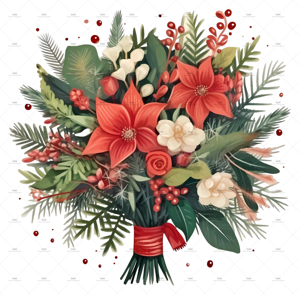 圣诞花束 – 带丝带的节日圣诞花束PNG免抠图预览图