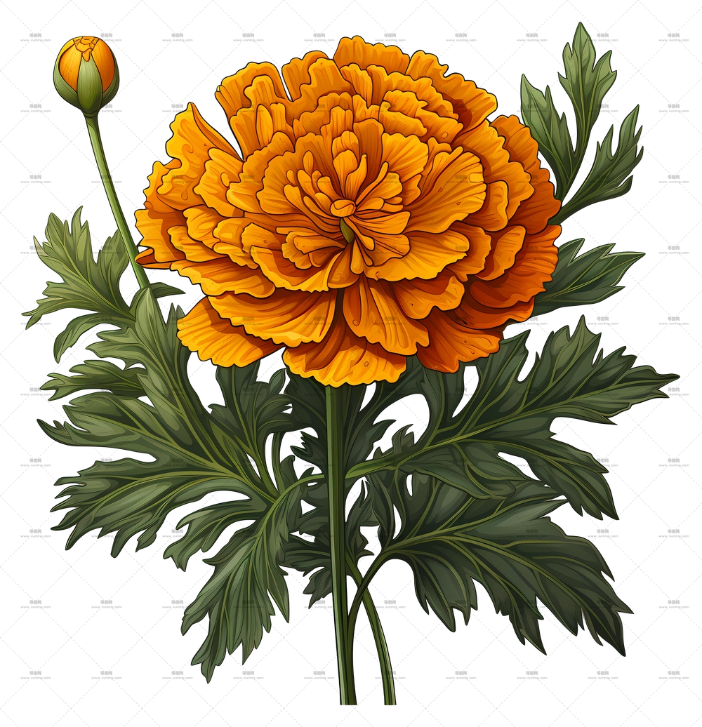 关键词 花束 – 详细万寿菊植物插画PNG免抠图预览图