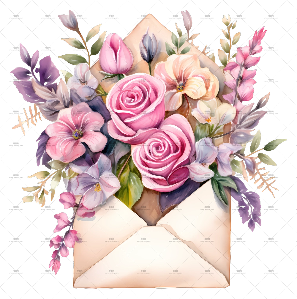 粉色花束 – 带有美丽花艺的信封PNG免抠图预览图