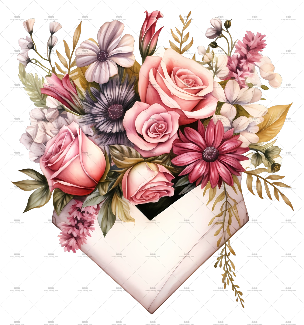 复古花束 – 带玫瑰和花朵的鲜花信封PNG免抠图预览图