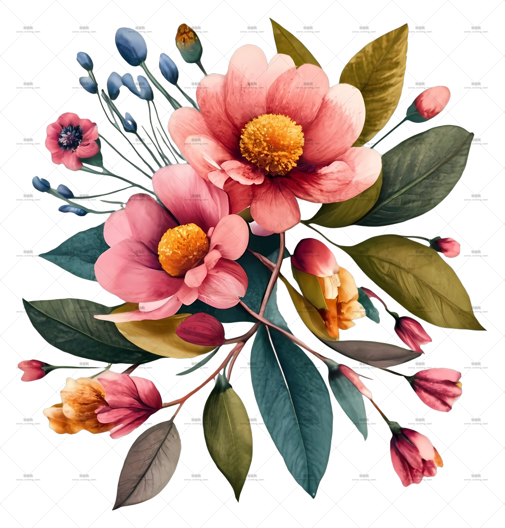 花卉花束 – 精美的粉色花朵与叶PNG免抠图预览图