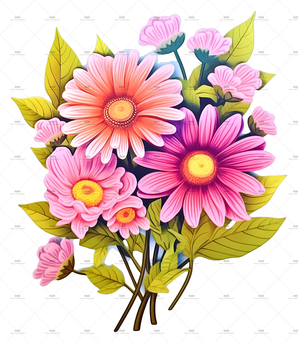 粉色雏菊和多彩花朵的花束PNG免抠图预览图