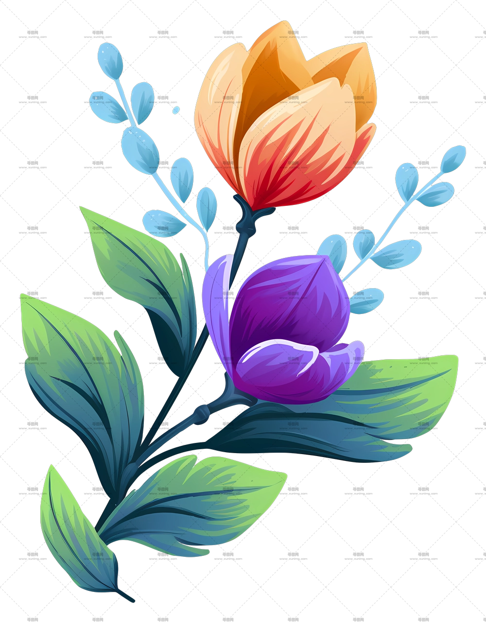 带叶子的彩色花朵PNG免抠图预览图