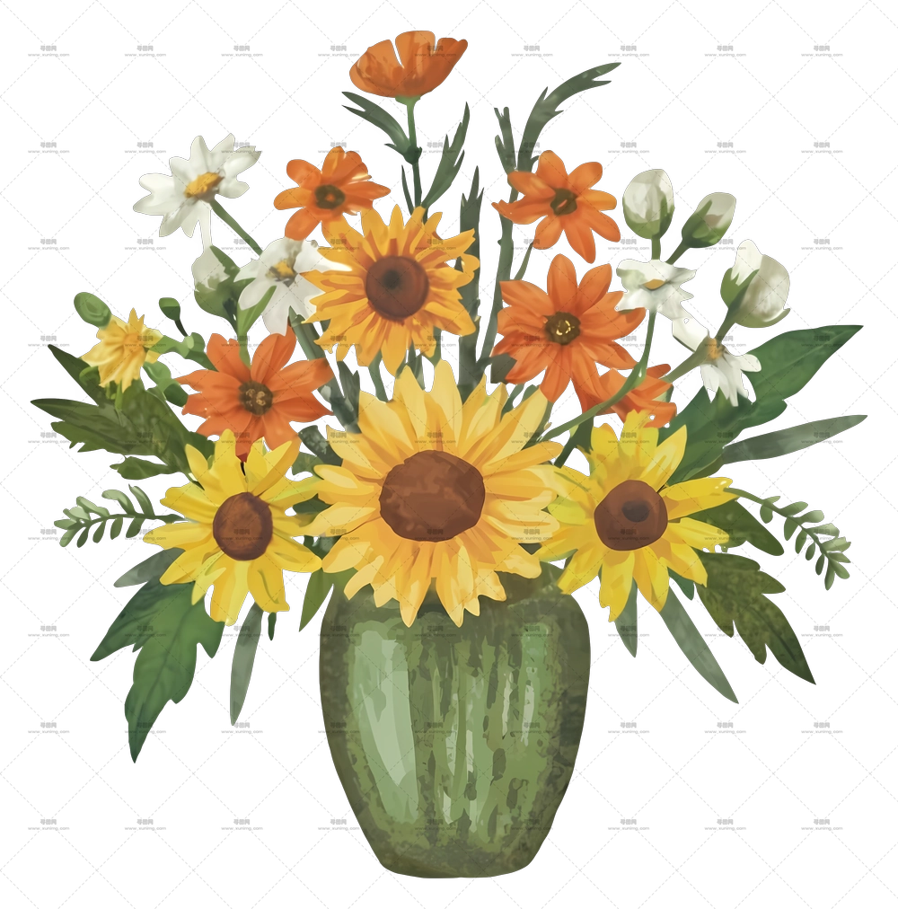 绿色花瓶中的明亮花束PNG免抠图预览图