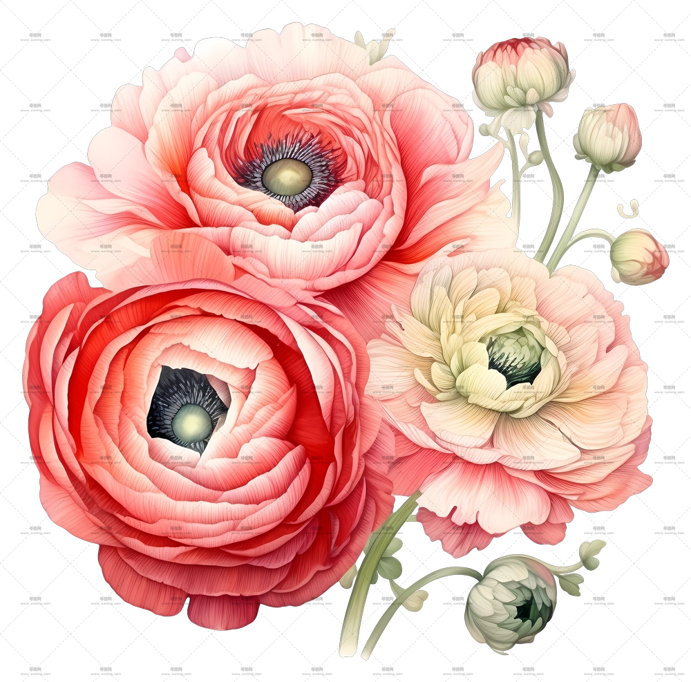 水彩花束 – 红白花束插画PNG免抠图预览图