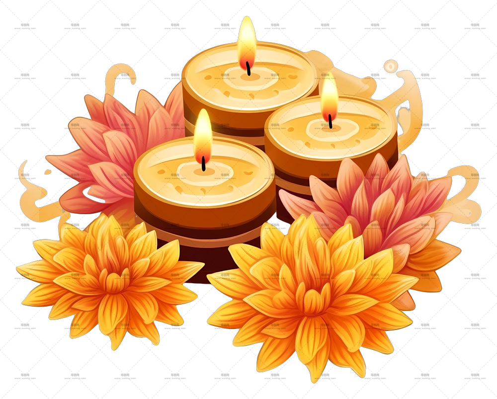 烛花束 – 点亮的蜡烛与菊花PNG免抠图预览图