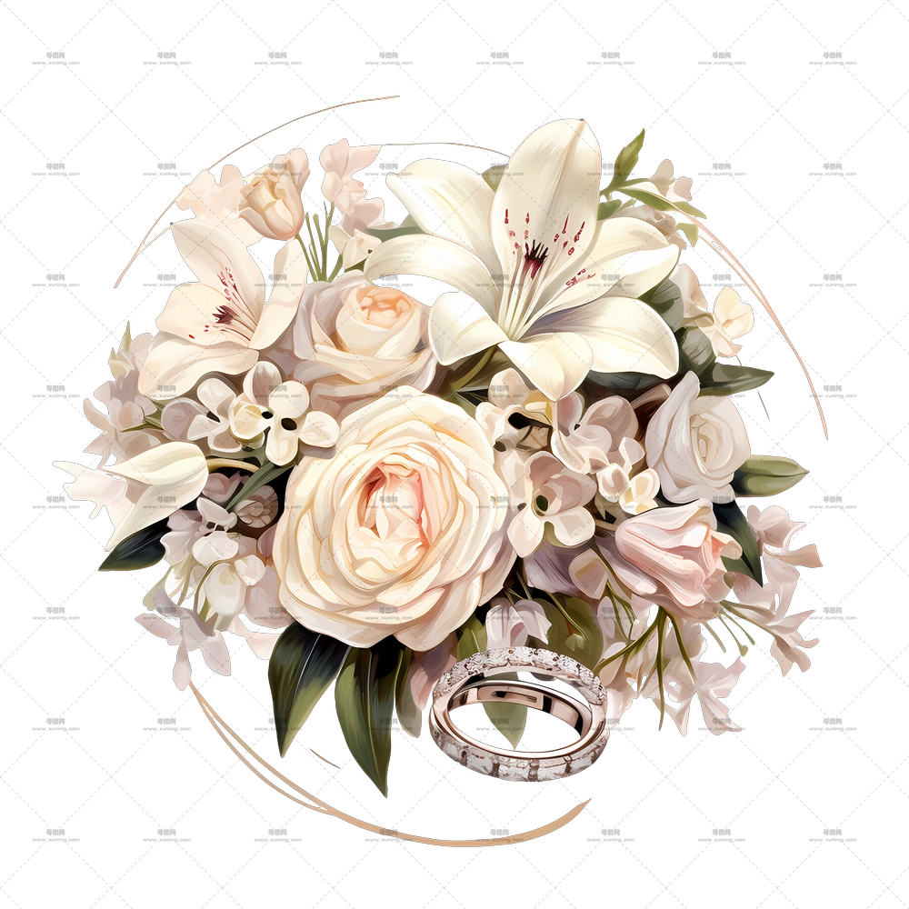 婚礼捧花 – 带有婚礼戒指的优雅白色花束PNG免抠图预览图
