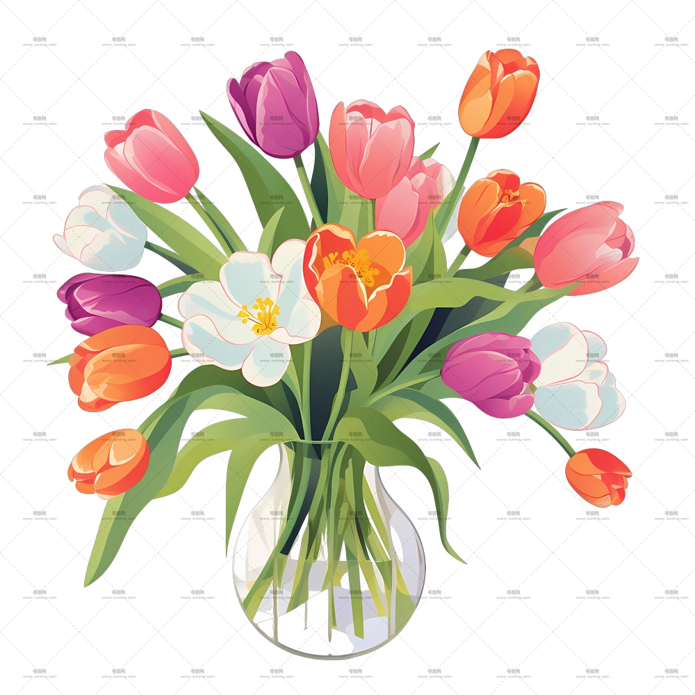 郁金香花束 – 色彩鲜艳的郁金香花束插在花瓶中PNG免抠图预览图