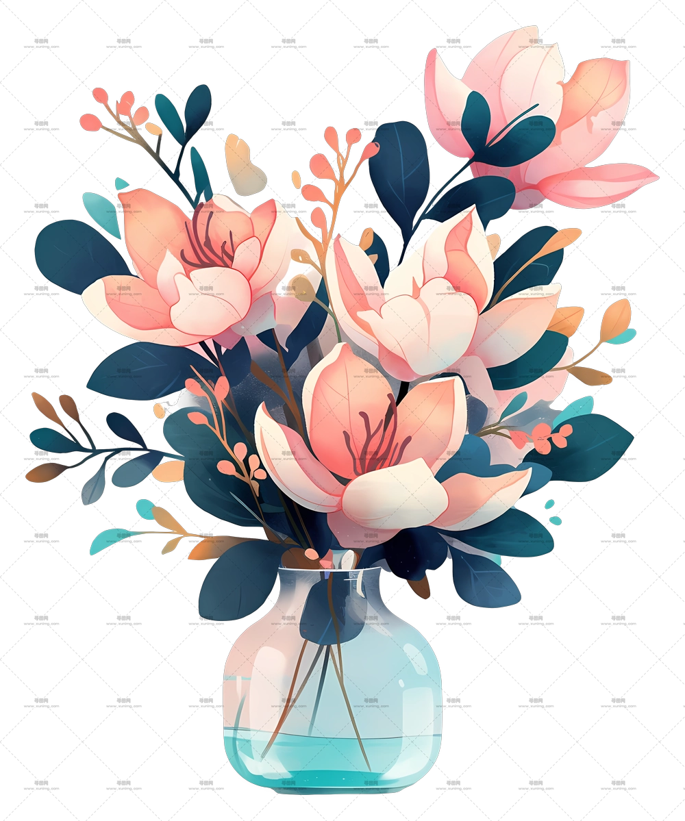 花瓶花 – 玻璃花瓶中的彩色花束PNG免抠图预览图