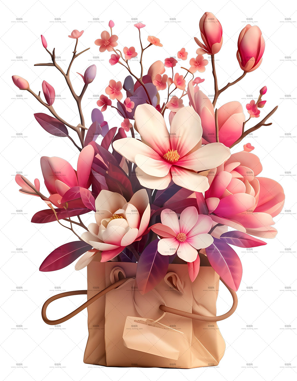 花袋 – 礼品袋中的美丽花朵束PNG免抠图预览图