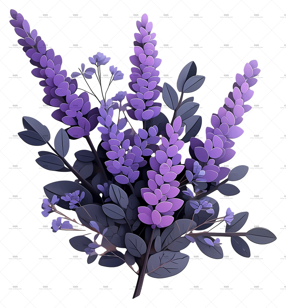 薰衣草艺术 – 带叶子的薰衣草束PNG免抠图预览图