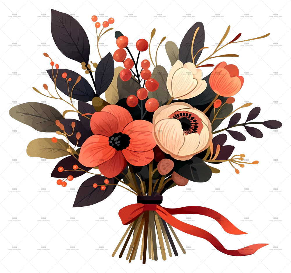 婚礼花束 – 红丝带装饰花束PNG免抠图预览图