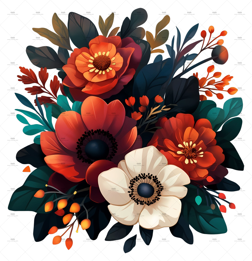 周年纪念快乐 – 多彩花卉束插画PNG免抠图预览图