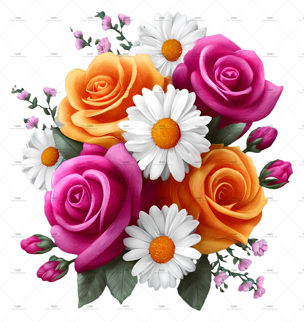 玫瑰雏菊花束 – 多彩玫瑰雏菊花束PNG免抠图预览图
