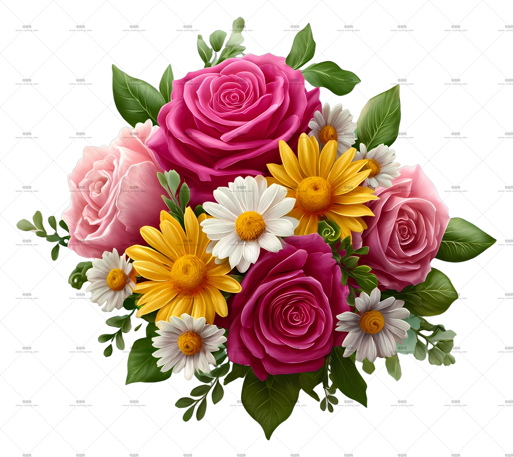 玫瑰与雏菊花束 – 多彩花卉花束PNG免抠图预览图