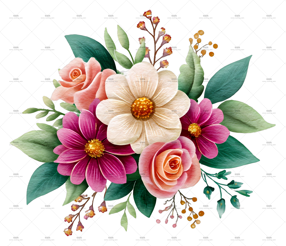 水彩花卉角落 – 多彩花卉束PNG免抠图预览图