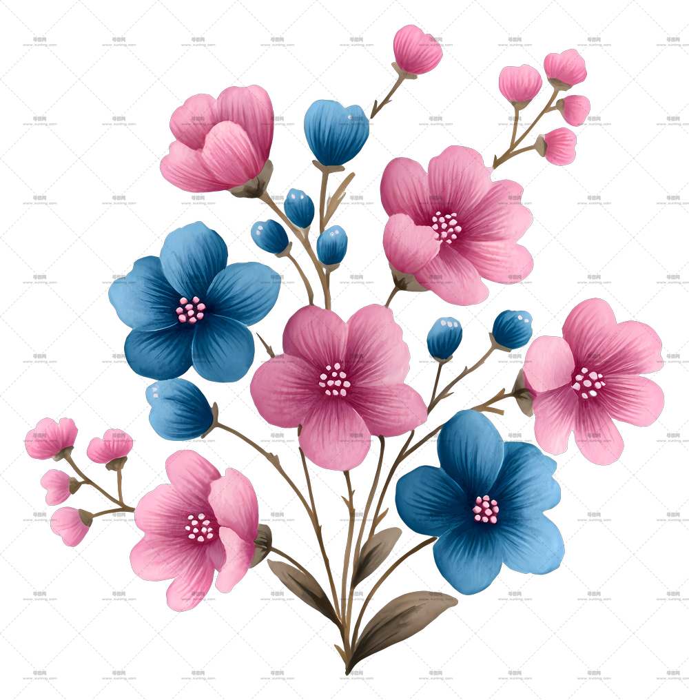 粉色与蓝色花朵 – 多彩花束PNG免抠图预览图