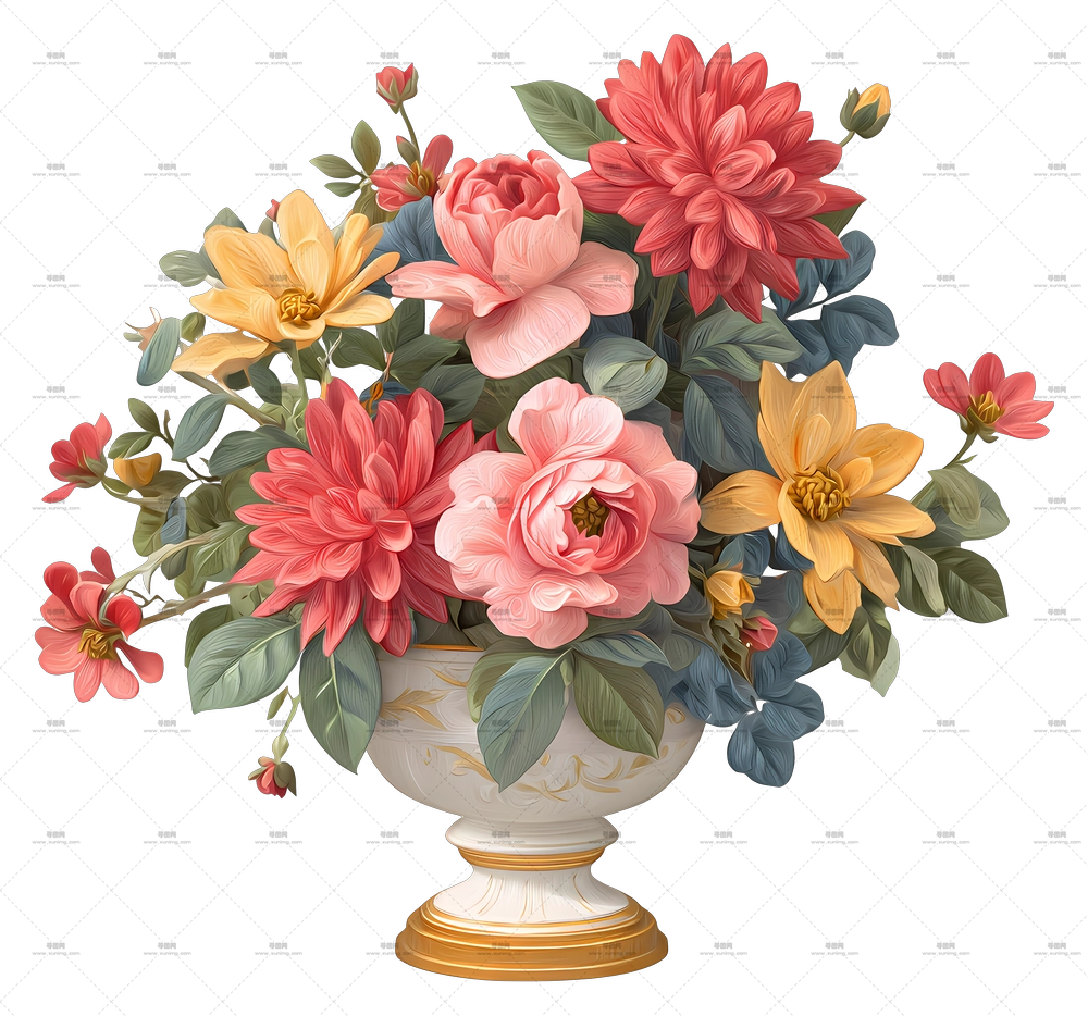 复古花卉摆设 – 色彩鲜艳的花束在花瓶中PNG免抠图预览图