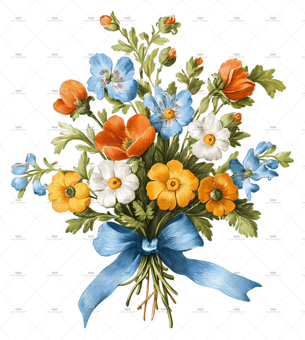 野花束丝带 – 带丝带的多彩花卉花束PNG免抠图预览图
