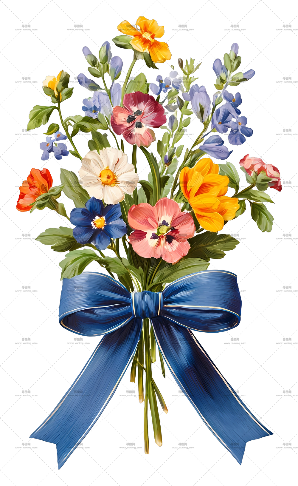 野花束丝带 – 多彩花卉束配蓝色丝带PNG免抠图预览图