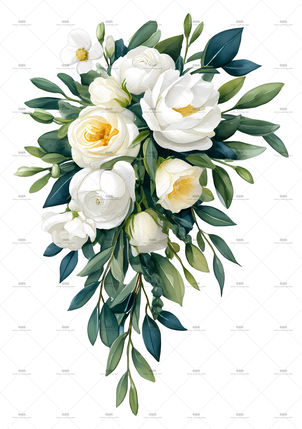 倾泻式新娘花束 – 白玫瑰花卉束PNG免抠图预览图