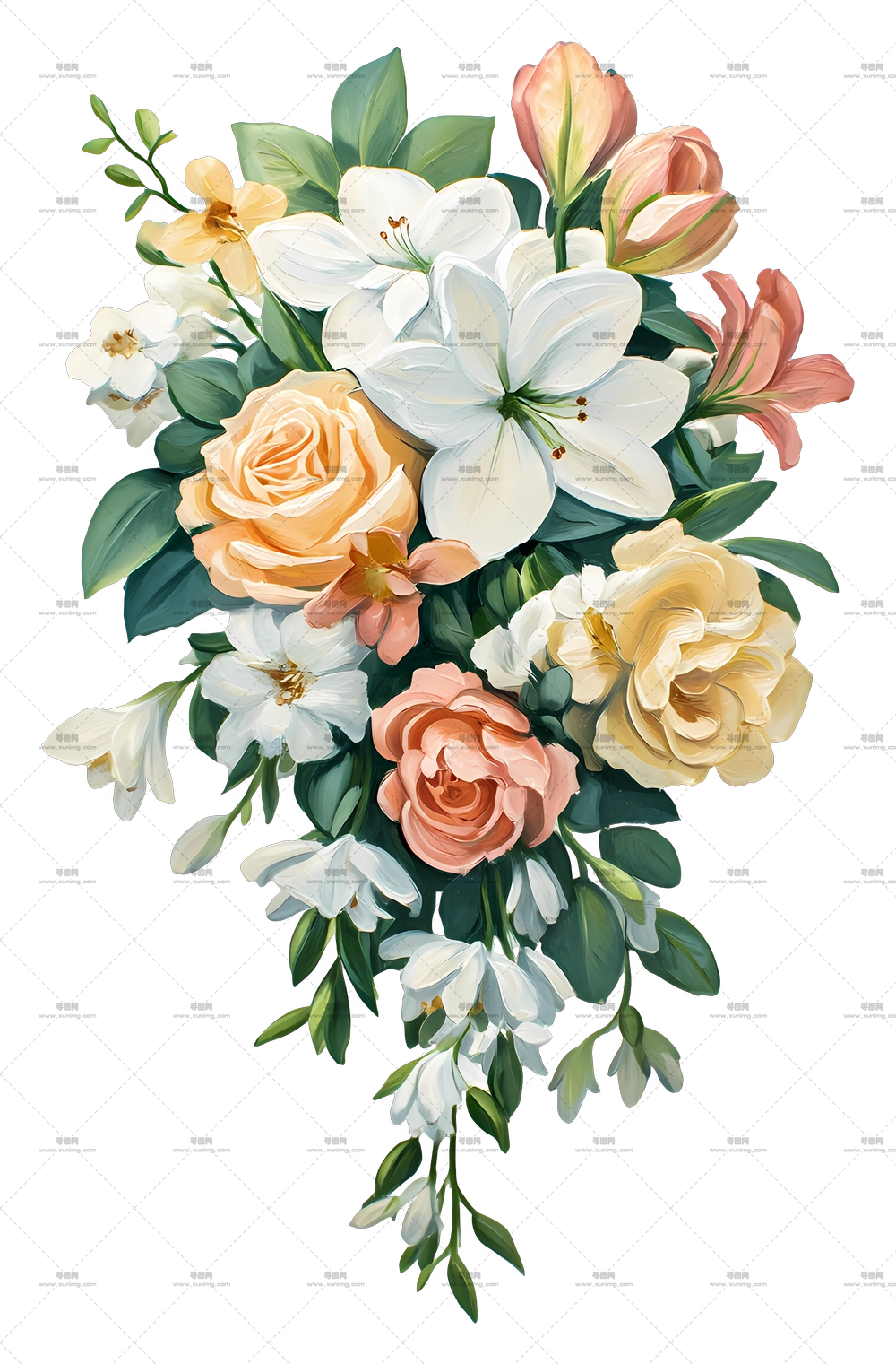 倾泻式新娘花束 – 优雅花卉束插画PNG免抠图预览图