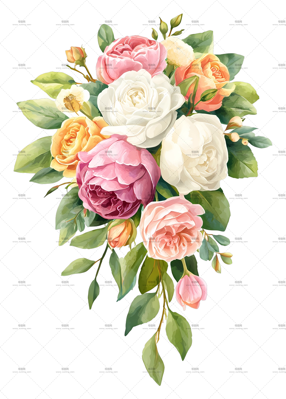 瀑布式新娘花束 – 多彩玫瑰花束PNG免抠图预览图