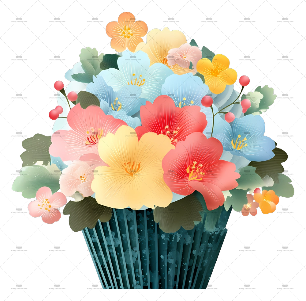 春花纸杯蛋糕 – 精美花卉束插画PNG免抠图预览图