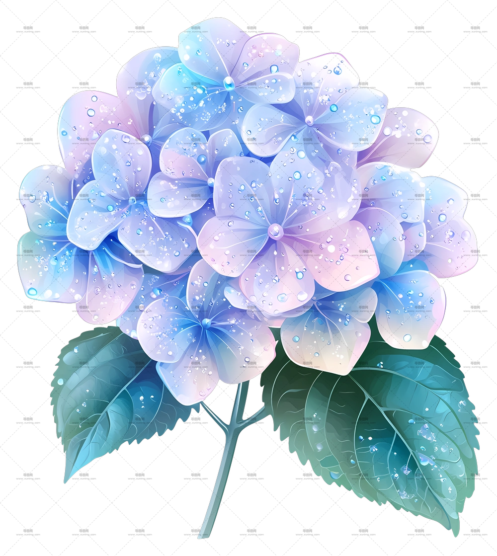 全息绣球花 – 带露珠花瓣的绣球花束PNG免抠图预览图