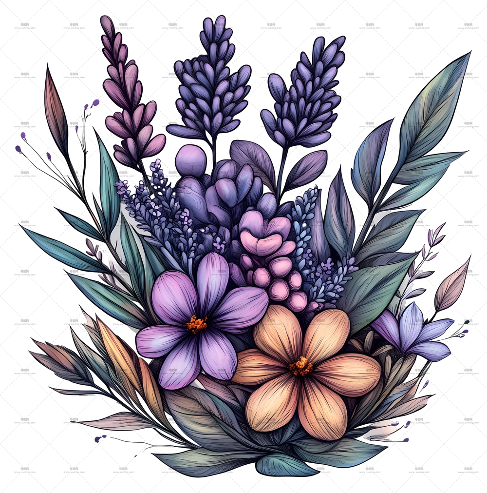 复古薰衣草 – 彩色花卉束插画PNG免抠图预览图