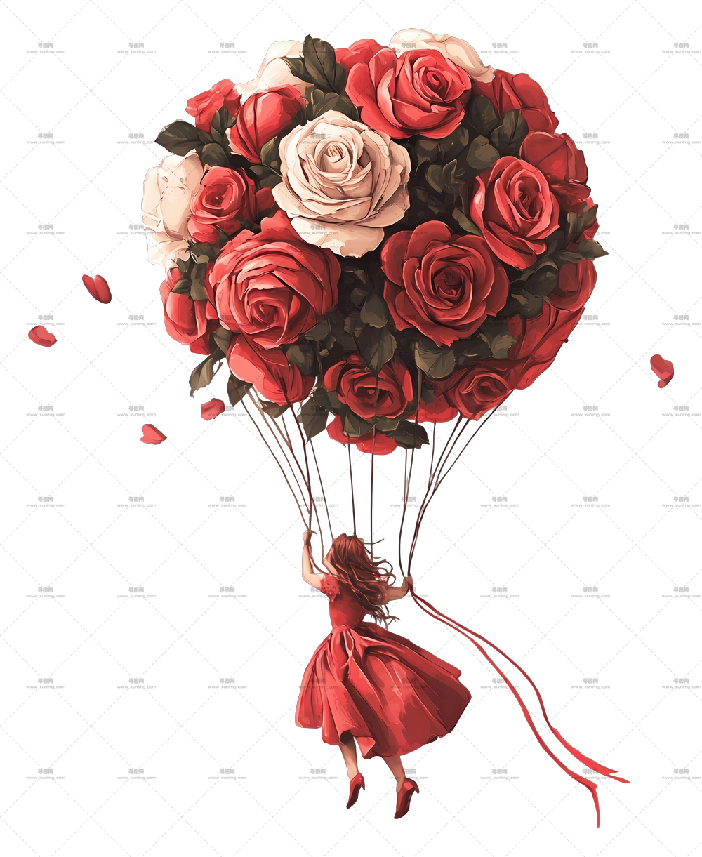 热气球玫瑰 – 女孩与气球花束漂浮PNG免抠图预览图