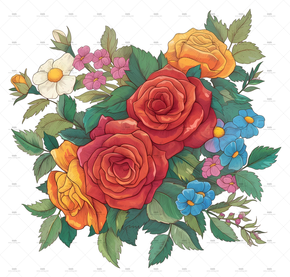 花束纹身 – 美丽带玫瑰的花束PNG免抠图预览图