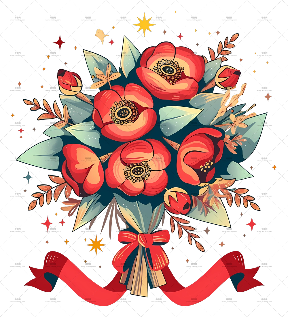 花束纹身 – 多彩花卉束与丝带PNG免抠图预览图