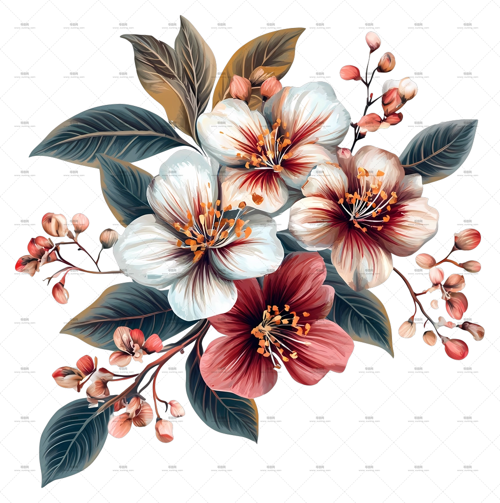 春花 – 带叶子的美丽花束PNG免抠图预览图