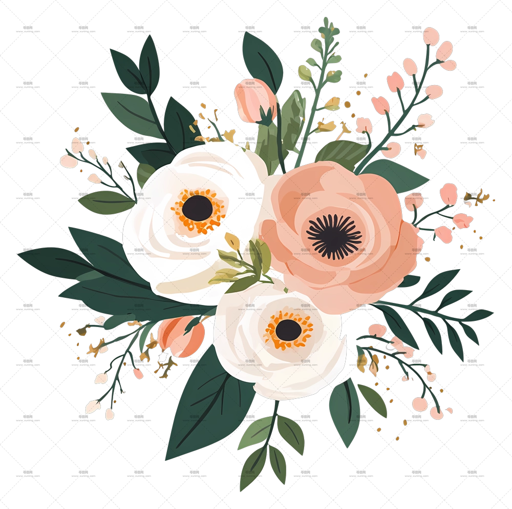 婚礼鲜花 – 带有玫瑰和叶子的精致花束插画PNG免抠图预览图