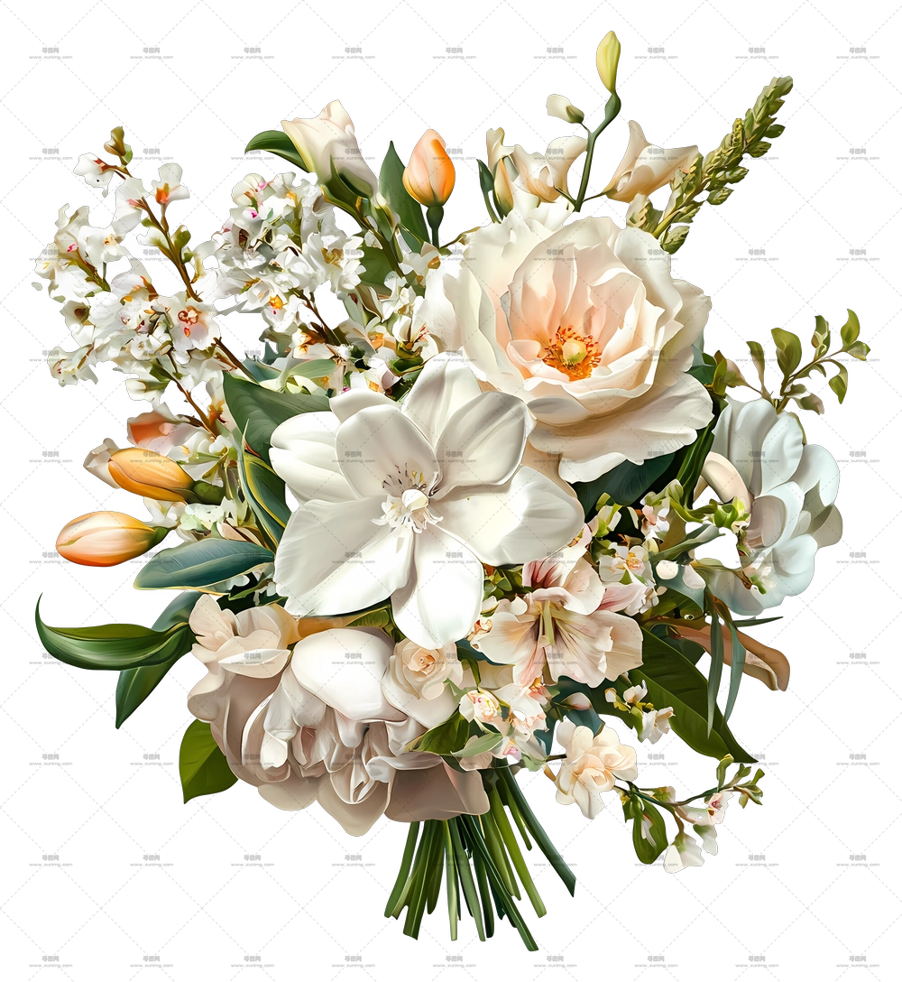 婚礼鲜花 – 精致白色与淡彩色花束PNG免抠图预览图