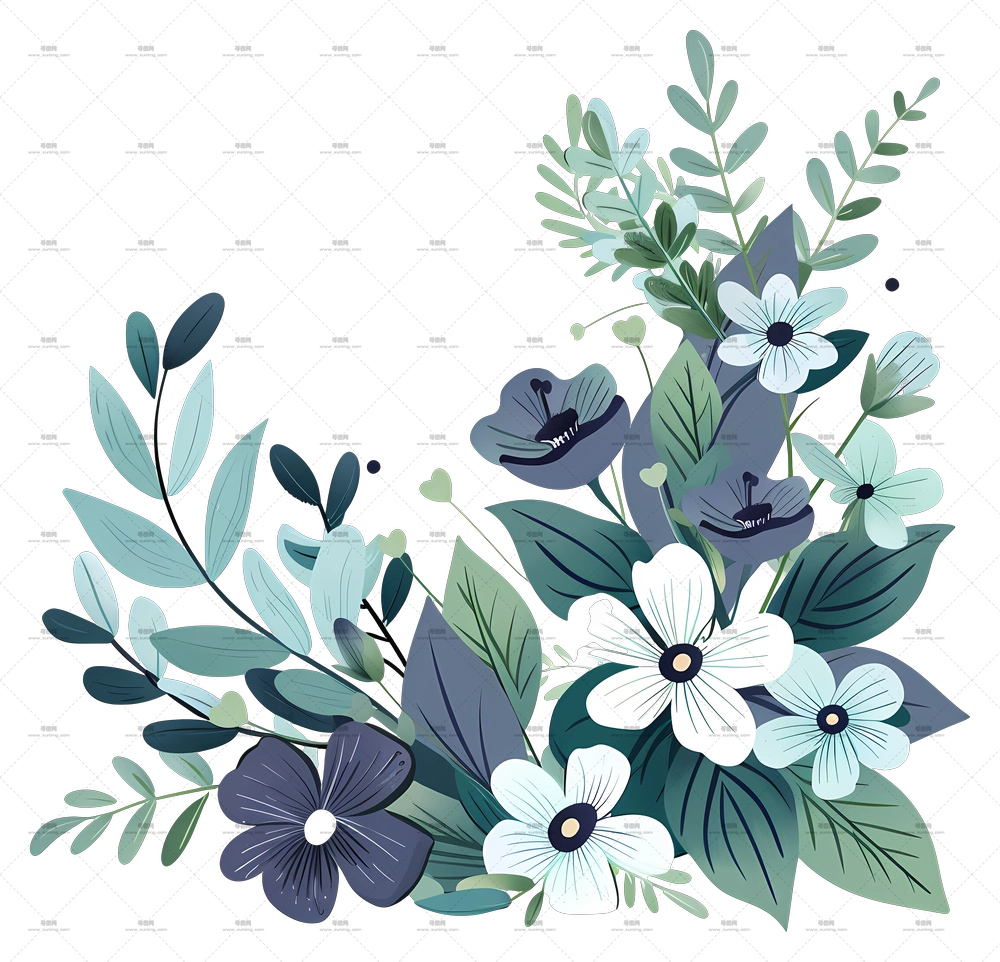 花角 – 带绿叶的精致花束PNG免抠图预览图