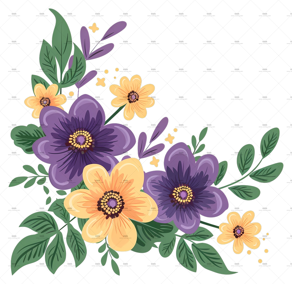 Flowers Corner – 带有紫色和黄色花朵的插画花束PNG免抠图预览图
