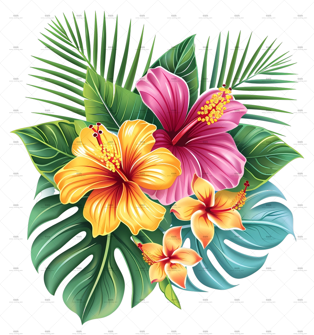 热带花 – 带叶子的彩色木槿花束PNG免抠图预览图