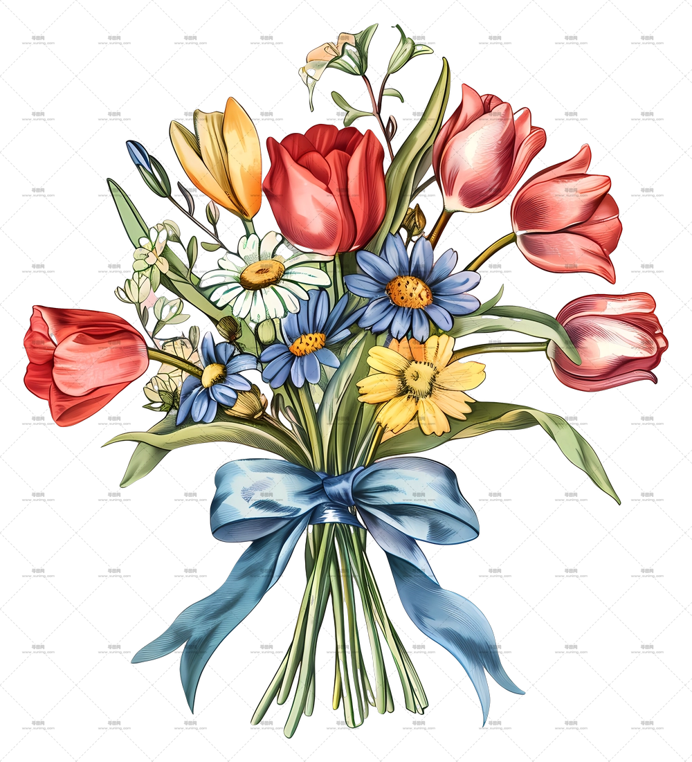 花与花束 – 蓝色丝带彩色花束PNG免抠图预览图